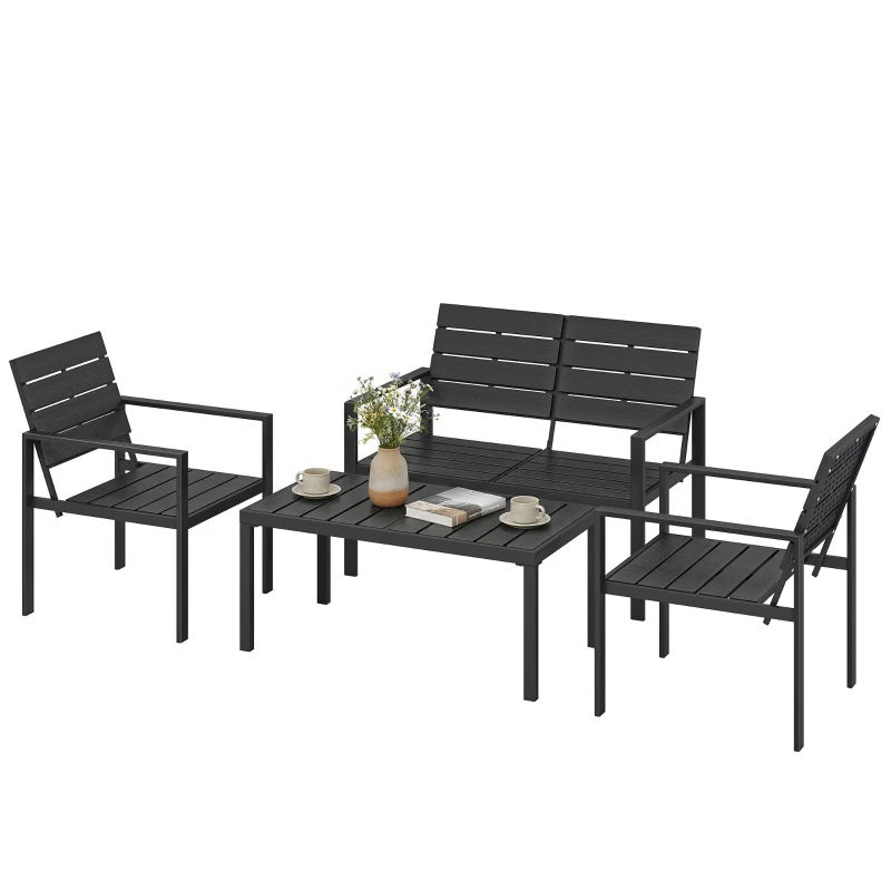 Salon de jardin extérieur 4 pièces canapé 2 places, 2 chaises et table basse, mobilier de jardin terrasse veranda, noir