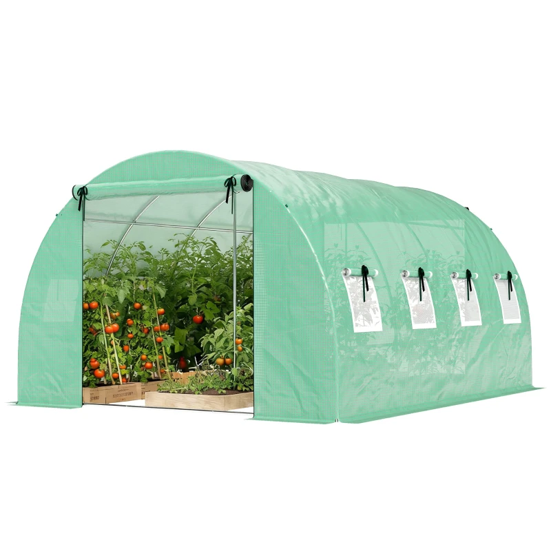 Serre tunnel de 12 m² mesurant 4 x 3 x 2 m avec 2 portes et 8 fenêtres de couleur verte