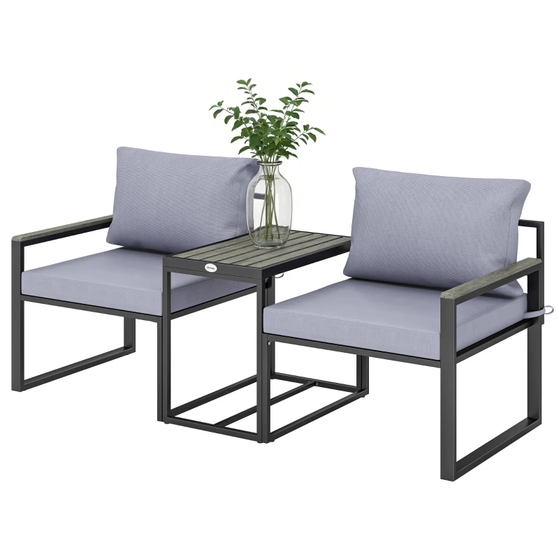 Salon de jardin 3 pièces coussins 14cm et accoudoirs en composite bois-plastique 2 fauteuils et table d'appoint gris