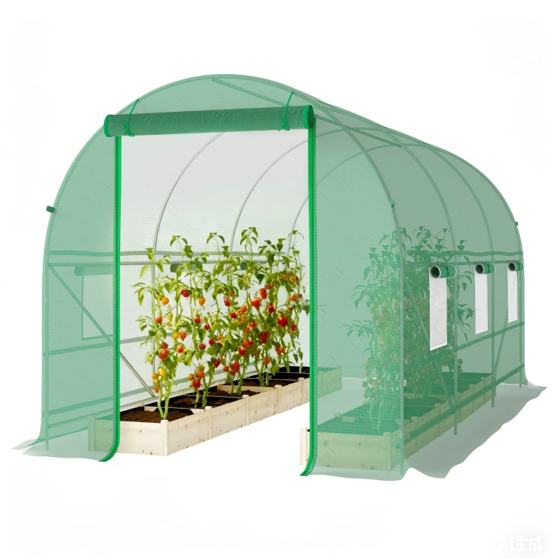 Serre tunnel de jardin 8m2, serre de jardin tunnel 400x200x200cm avec porte et 6 fenêtres, pour extérieur, toutes saisons, légumes, fruits, fleurs, bache PE haute densité 140 g/m2 vert