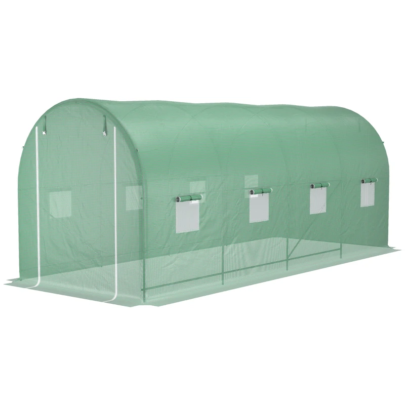 Serre de Jardin Tunnel Surface Sol 10 m² 5Lx2lx2,05H m chassis Tubulaire renforcé Porte zippée 8 fenêtres enroulables Vert