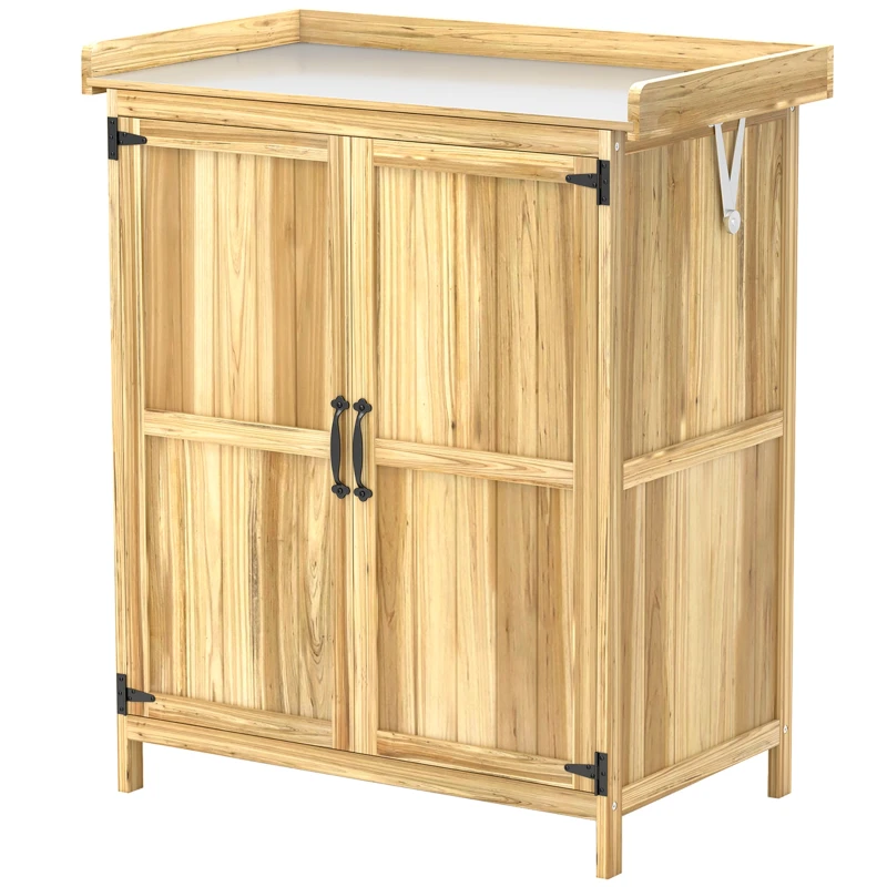 Armoire de Jardin en Bois, Abri de Jardin Résistant aux Intempéries 74x43x88cm, Cabane de Jardin avec Toit Rabattable Etagères, Plan de Travail, Armoire à Outils, Maison de Jardin établi Rangement Outils de Jardin, Bois Naturel