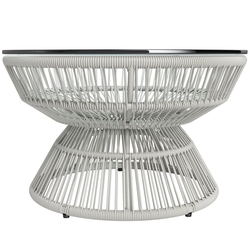 Table basse de jardin ronde, table d'appoint en résine aspect rotin et plateau verre trempé Ø60 x 37H cm gris clair
