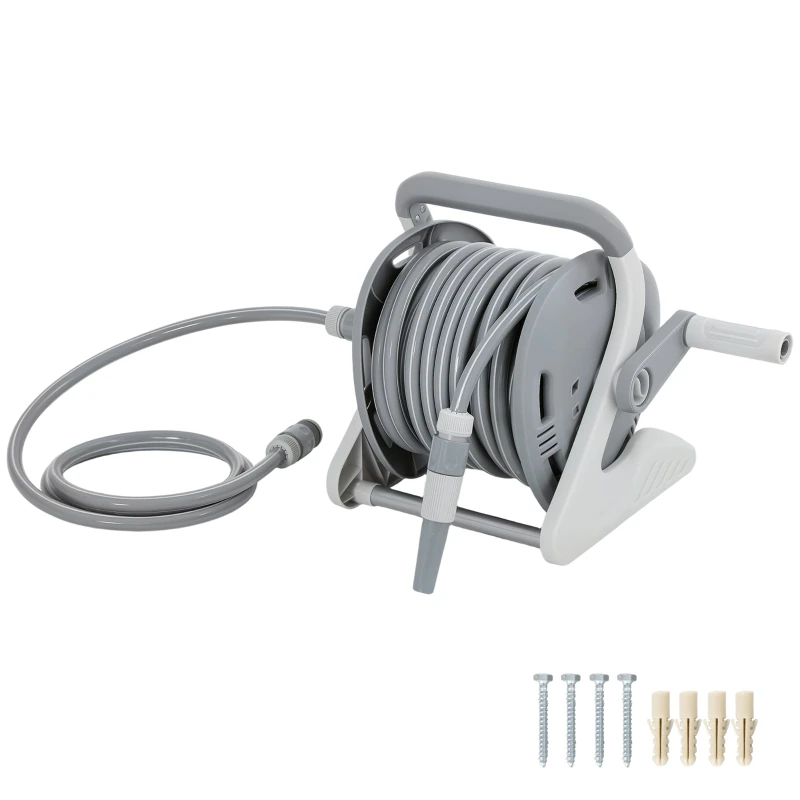 Enrouleur Tuyau Arrosage Mural 20+2 m x 15 mm, Dévidoir de Tuyaux d'Eau Portable, Buse à 2 Modes, Manivelle, pour Pelouse, Garage, Lavage de Voiture et Arrosage, Gris