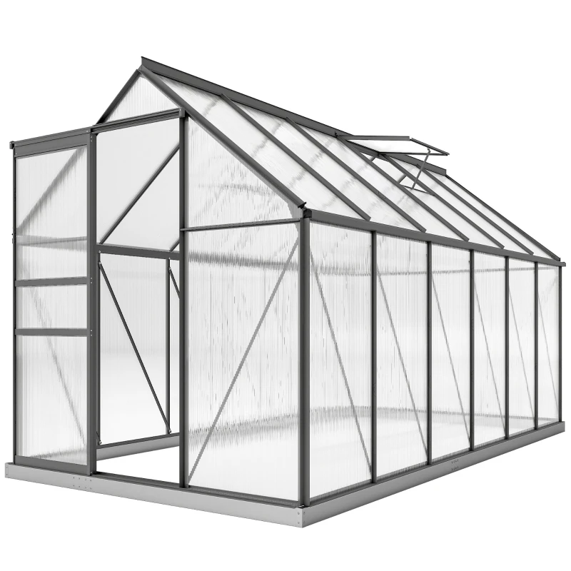 Serre de Jardin 7 m2 en Aluminium Polycarbonate avec Fondation, 190 x 375 x 199 cm, Serre avec Fenêtre Réglable et Porte Coulissante, Abri Extérieur Résistant aux Intempéries, Gris Foncé