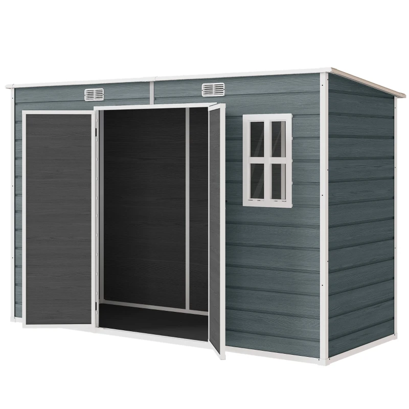 Abri de jardin en plastique 10 x 4 pieds, avec plancher, effet bois gris