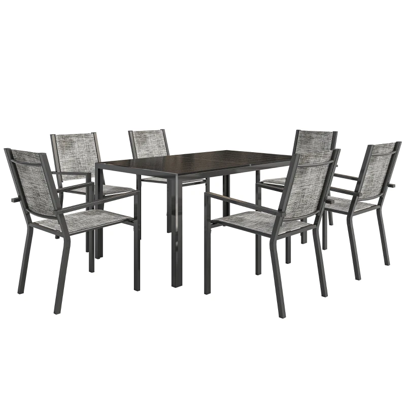 Table de jardin extérieure avec 6 chaises empilables, plateau à lattes 150 cm, structure en acier anti-rouille, noir