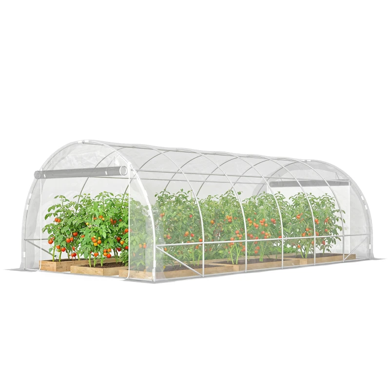 Serre tunnel de 18 m² mesurant 296 x 597 x 199 cm avec 2 portes et bâche PE 150 g/m²