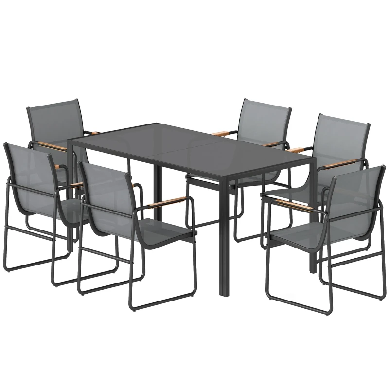 Ensemble de Salle à Manger d'Extérieur 7 Pièces pour 6 Personnes, Table en Verre et Chaises en Maille avec Accoudoirs Décoratifs, Gris