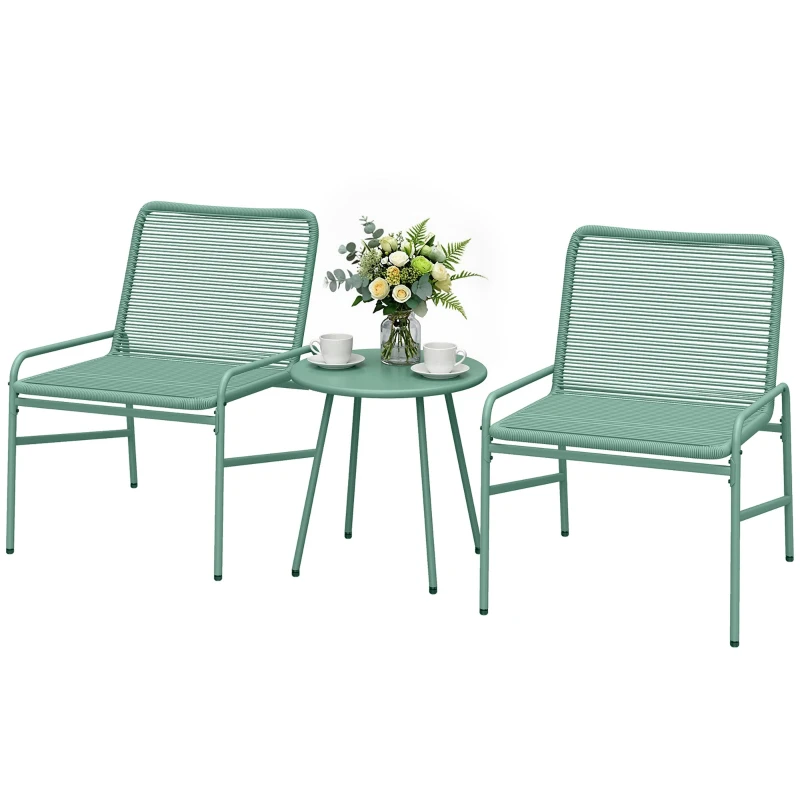 Salon de Jardin Extérieur 3 Pièces en Résine Tressée, Table de Jardin Ronde avec 2 Chaises, Pieds Ajustables, Cadre en Acier Galvanisé, Mobilier de Jardin pour Balcon Terrasse Patio, Vert