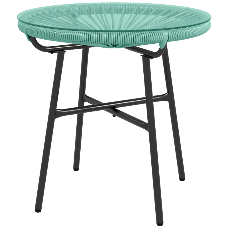 Table basse ronde de jardin en résine aspect rotin métal et plateau verre trempé Ø 50 x 50 cm vert