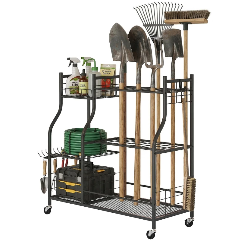 Porte-outils de jardin mobile à 3 niveaux avec 74 emplacements et 11 crochets
