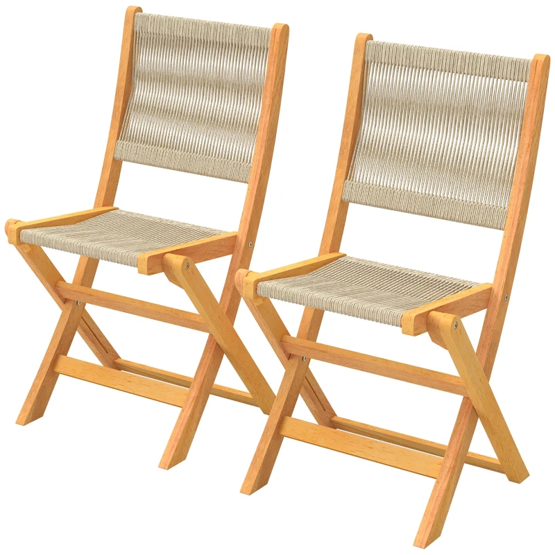 Lot de 2 Chaises de Jardin Pliantes en Bois d'Acacia FSC - Chaises de Balcon avec Dossier et Assise en Corde Tressée - Gain de Place, Aucun Assemblage Requis, Naturel et Beige
