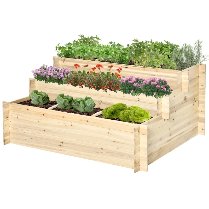 Jardinière sur pieds à 3 niveaux carré potager de jardin avec 9 compartiments en bois de sapin et tissu non tissé dim. 117L x 100l x 54H cm bois naturel
