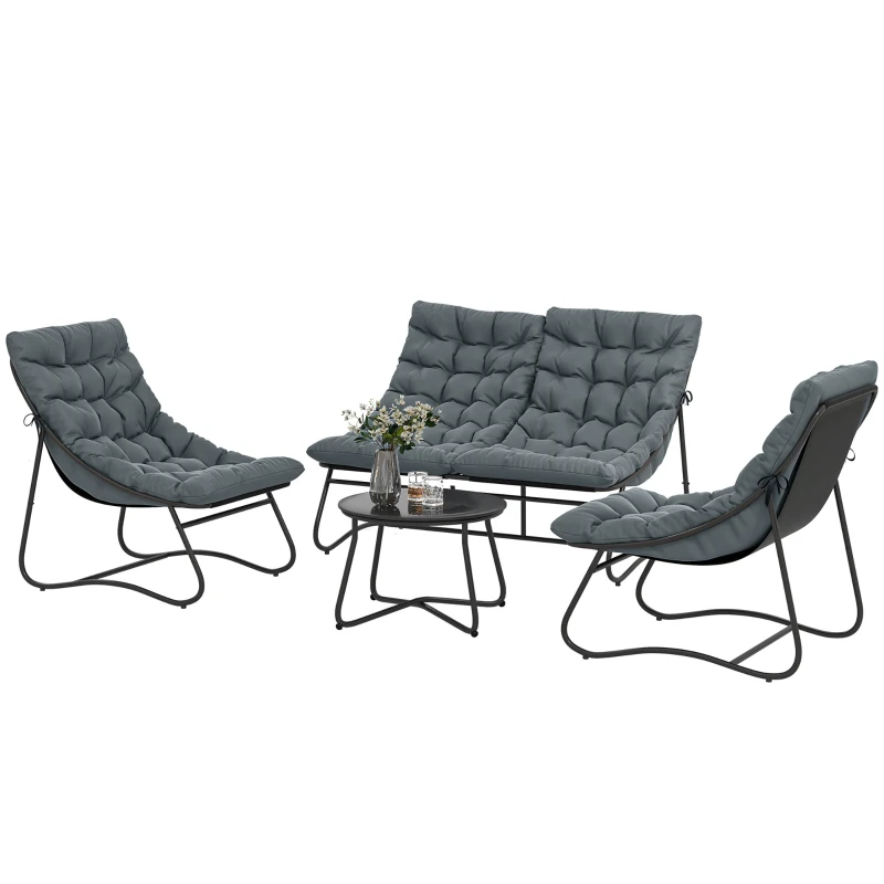 Salon de Jardin 4 Pièces avec Coussins Épais 8cm - Ensemble Mobilier Extérieur en Acier et Textilène Respirant - Table Basse en Verre Trempé pour Terrasse Balcon Moderne, Gris