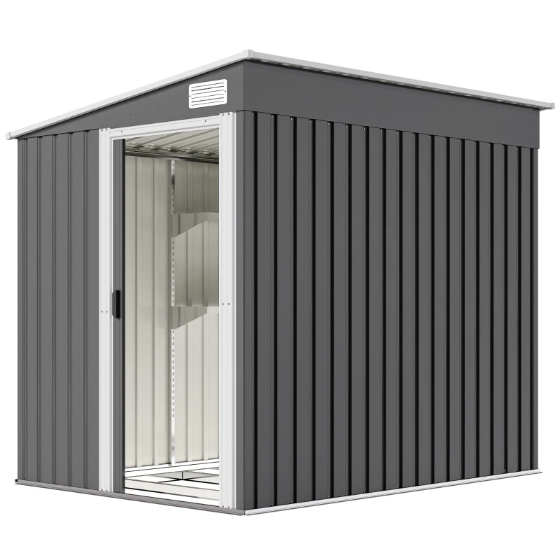 Abri de jardin en métal 2,81 m2 avec fondation, abri à outils extérieur adossé en acier galvanisé, toit en pente, cabane de jardin avec 2 étagères ajustables, 154x206,5x181cm, gris