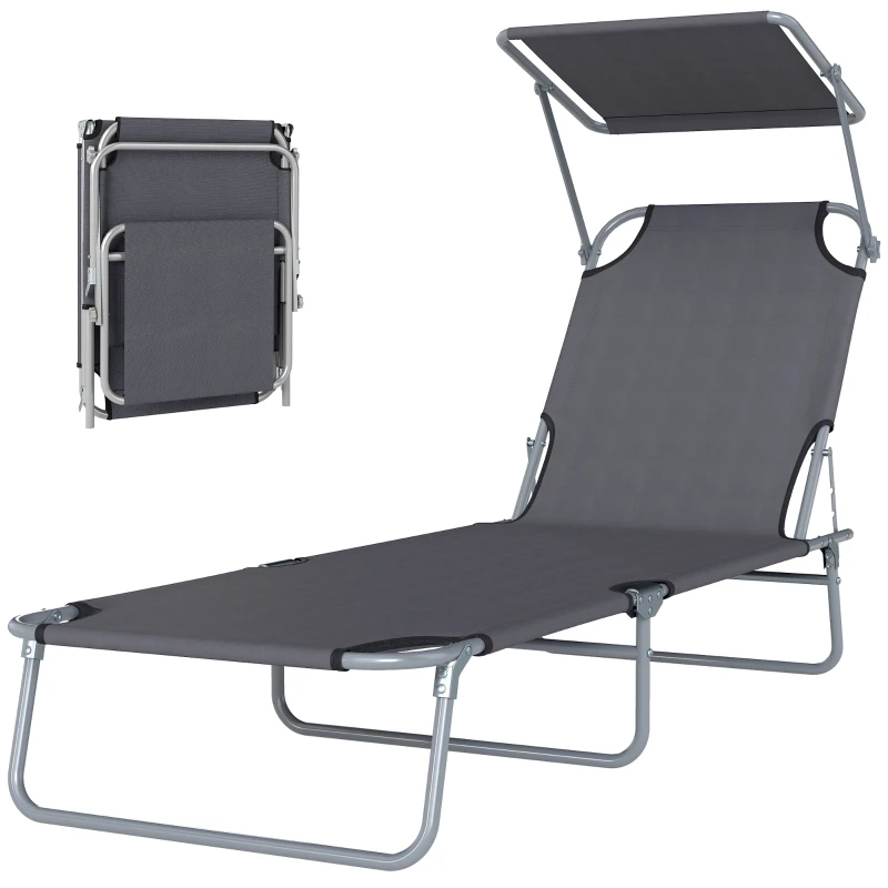 Transat Bain de Soleil Pliable Chaise Longue Pliante Grand Confort Dossier Inclinable Multi-positions et Pare-Soleil Réglable 187L x 58l x 36H cm Gris