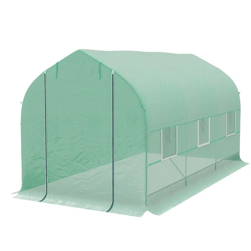 Serre tunnel de jardin 8m2, serre de jardin tunnel 400x200x200cm avec 1 porte et 6 fenêtres, pour extérieur, toutes saisons, légumes, fruits, fleurs, bache PE haute densité 140 g/m2 vert