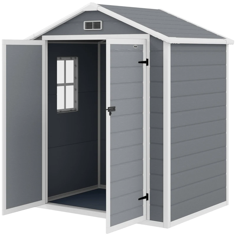 Abri de jardin gris en résine de 2,12 m² avec double porte fenêtre et aération