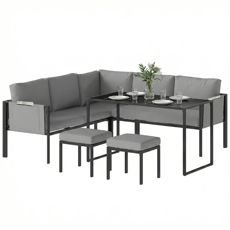 Salon de Jardin 6 Pièces Canapé d'Angle Extérieur - Ensemble Meuble de Jardin avec Coussins 10cm, Table Haute et 2 Repose-pieds - Mobilier de Terrasse 7 Personnes Acier et Textilène, Gris