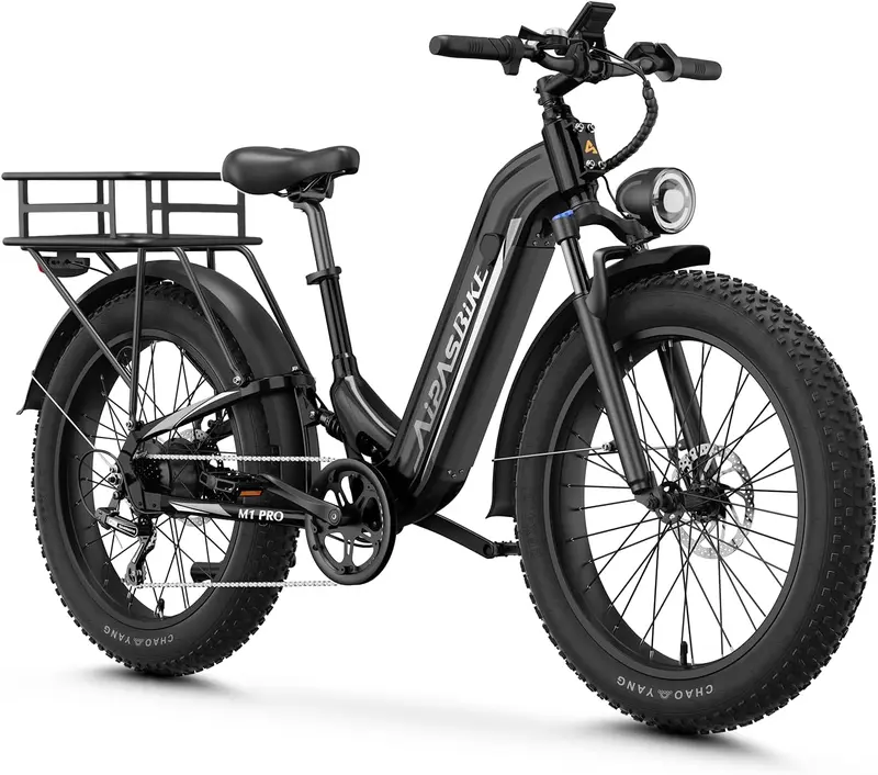 M1 Pro Electric Bike for Adults — 1800W Peak Motor (110Nm), 26×4.0" Fat Tires, 48V 17.5Ah Removable Battery, 36 MPH, Up to 85-Mile Range, 7-Speed, Step-Thru with Rear Basket
