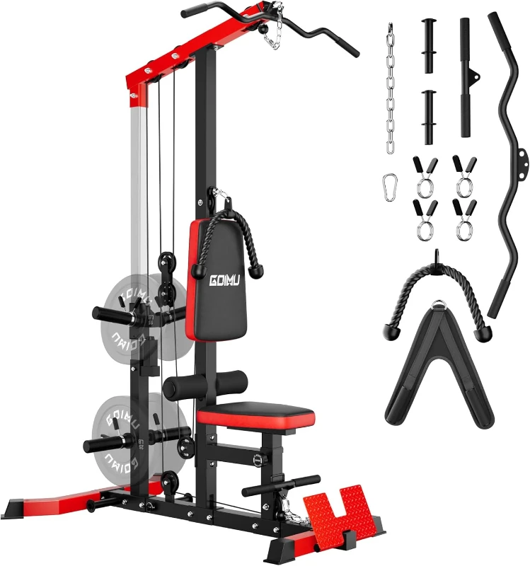 LS01 Lat Pulldown & Row Tower - 3-in-1 Pulley Station with AB Crunch and Pro Attachments for Home ms