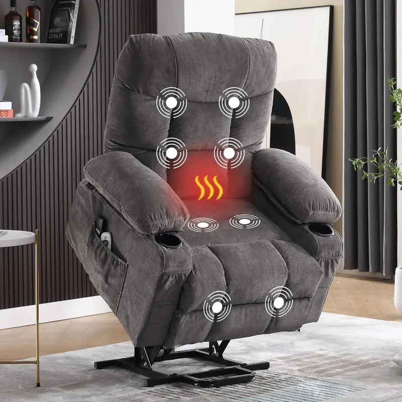 Power Lift Recliner Chair with Vibration Massage & Lumbar Heat, Electric Single Lift Sofa with Side Pockets, Dual Cup Holders and USB Charging Port
