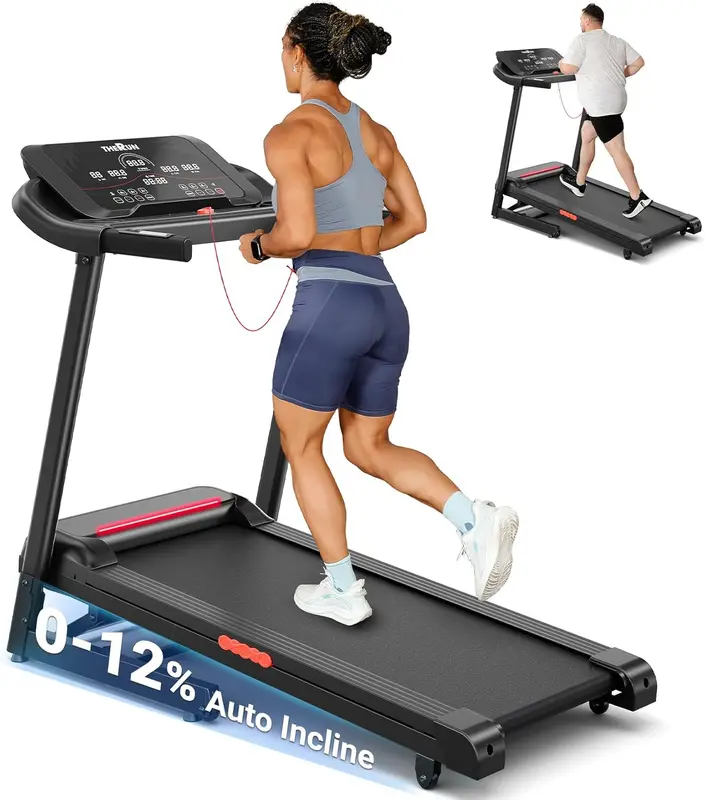 Foldable Home Treadmill with 12% Auto Incline, 3.0HP Quiet Motor, 18" LED Display, Heart-Rate Handles, 43.3x16.5in Wide Belt, LED Light Strip, Cup & iPad Holder