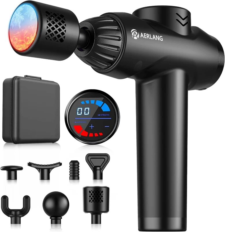 Heat & Cold Deep Tissue Massage Gun — Handheld Percussion Massager with 7 Attachments, 20 Quiet Speeds, Smart LCD