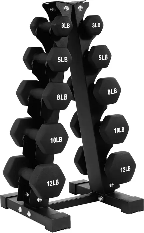 Neoprene-Coated Cast Iron Hex Dumbbell Set with Stand - 5 Pairs (3-12 lb), Color-Coded or Black, Non-Slip Grip for Home Strength Training