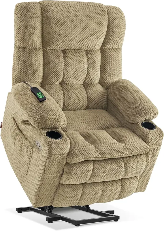 Dual-Motor Power Lift Recliner with Massage & Heat, Infinite Recline, USB Ports, Cup Holders — Fabric 7890 (Medium Beige)