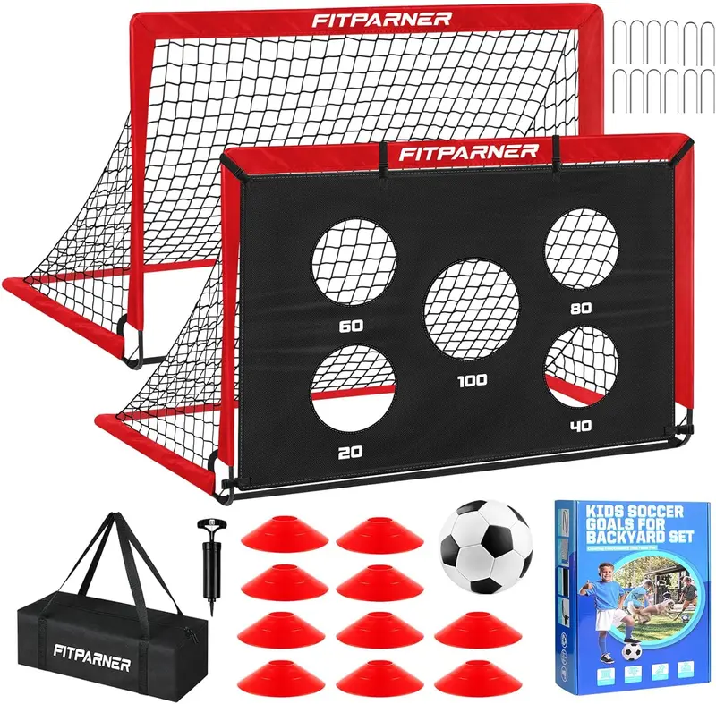 Kids Soccer Goals 2-Pack - Portable 4x3 ft Backyard Nets with Detachable Target, Ball, Pump & Cones, Youth Training Set