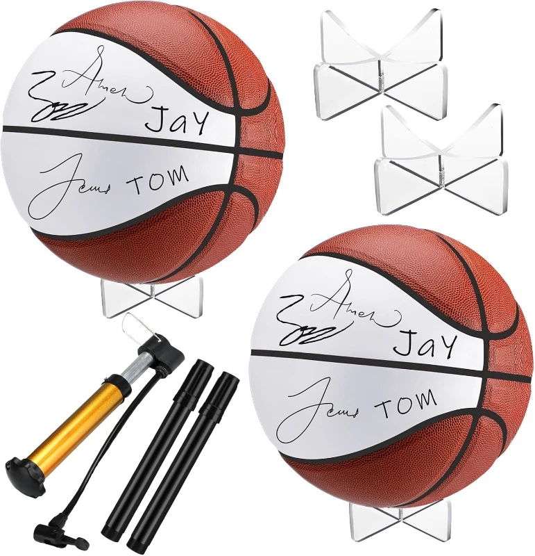 2-Pack Official Size 7 Autograph Basketballs with 2 Acrylic Holders, 2 Waterproof Signature Pens & 1 Pump - For Trophies, Birthdays, Graduations
