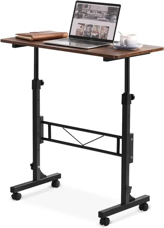 32" Portable Adjustable Standing Desk with Wheels — Mobile Rolling Workstation for Treadmill/Walking Pad, Compact Rustic Wood Top