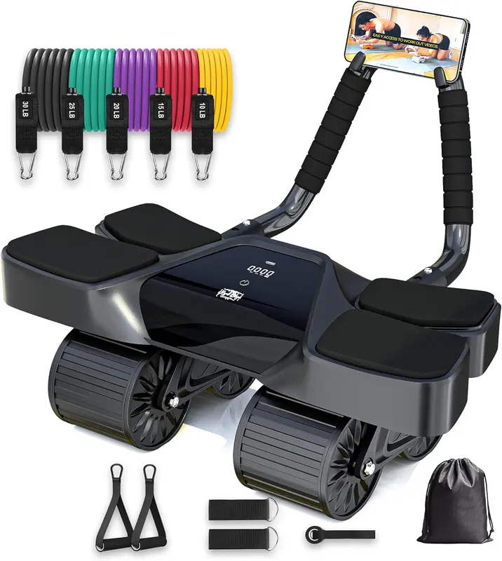 4-Wheel Ab Roller Home Workout Set — Muscle Wheel with Built-In Tracker, 5 Resistance Bands, Ankle Straps, Door Anchor, Handles & Travel Bag — Elbow Support & Non-Slip Grips