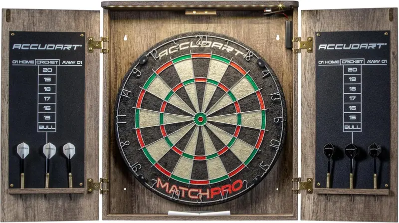 Match Pro Dartboard Cabinet Set - Official 18-inch Sisal Board with Self-Healing Fibers, Modern Woodgrain Cabinet, Built-In Dart Holders, Auto LED Lighting, Scoreboards & Steel-Tip Darts