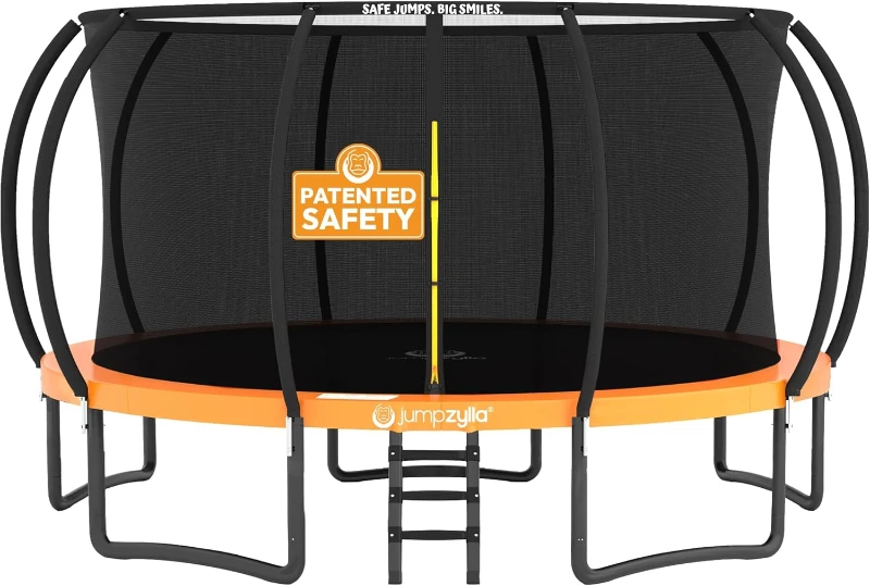Outdoor Trampoline with Safety Net — ASTM F381-16 Certified, Non-Slip Ladder, Rust-Resistant Galvanized Steel Frame, Sizes 8–10–12–14–15–16 ft for Kids & Adults