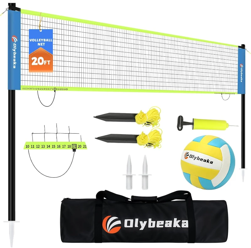 Portable Outdoor Volleyball Net Set — 20 ft or 32 ft with 4 Adjustable Heights, Reinforced Net, PU Ball, Pump & Carry Bag