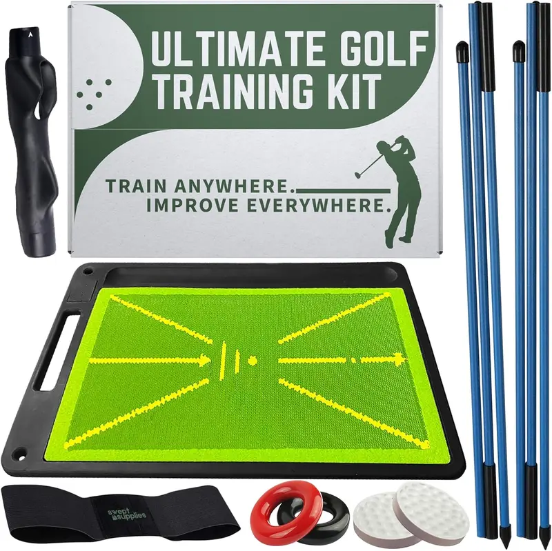 Six-in-One Golf Swing Trainer Kit — Divot Board, Grip Trainer, Alignment Sticks, Weights & Hitting Mat | Golf Training Gear for Men & Women, Indoor & Outdoor Practice