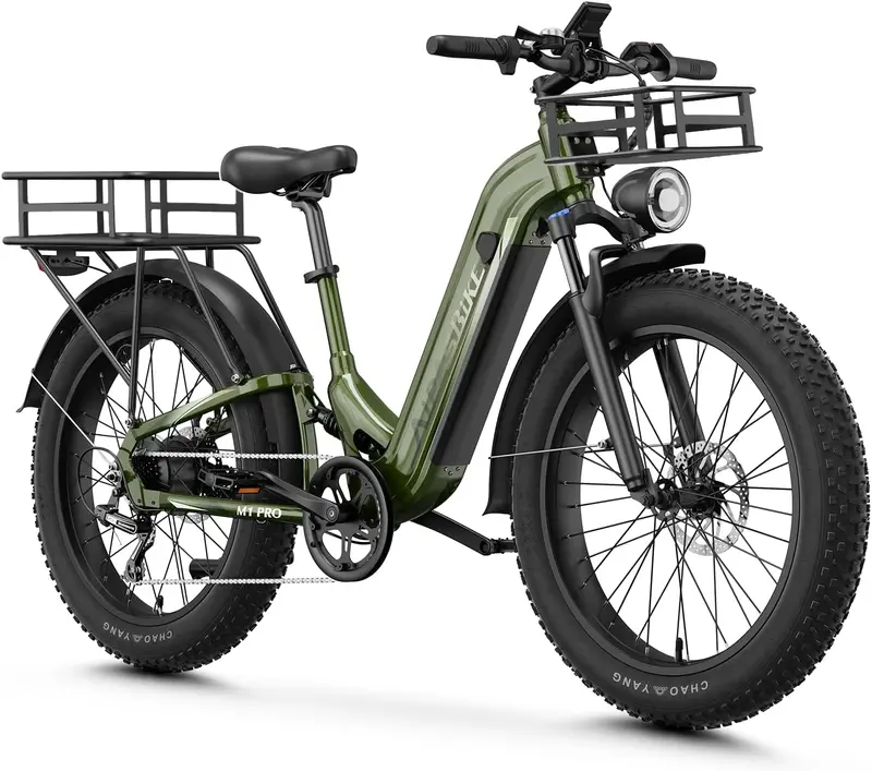M1 Pro Electric Bike — 1800W Peak Brushless Motor, 36 MPH Top Speed, 48V 17.5Ah Removable Battery, 26" x 4.0" Fat Tire, 7-Speed, Step-Thru with Rear Basket