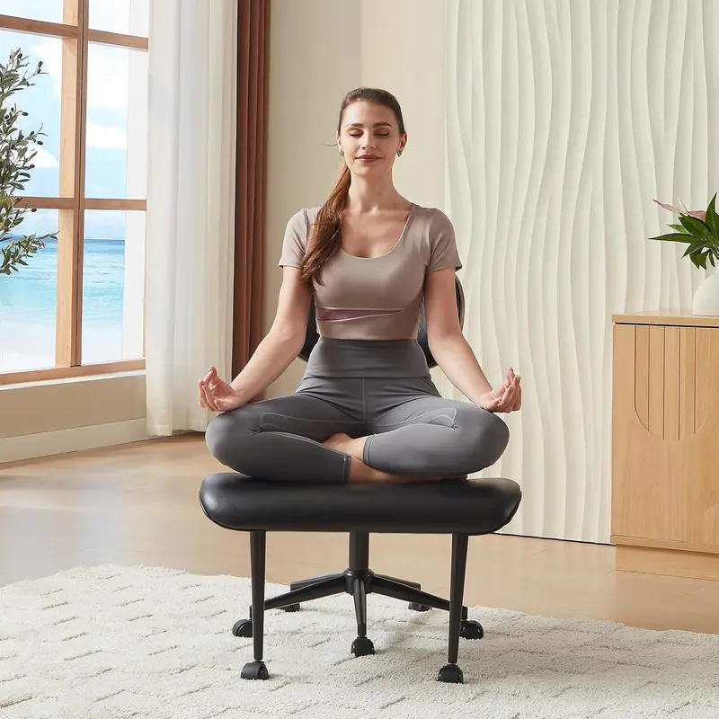 Cross-Legged Office Chair with Wheels — Ergonomic Wide Meditation/Kneeling Seat, 360° Swivel, Strong Lumbar Support, Supports up to 300 lb, Black PU Leather