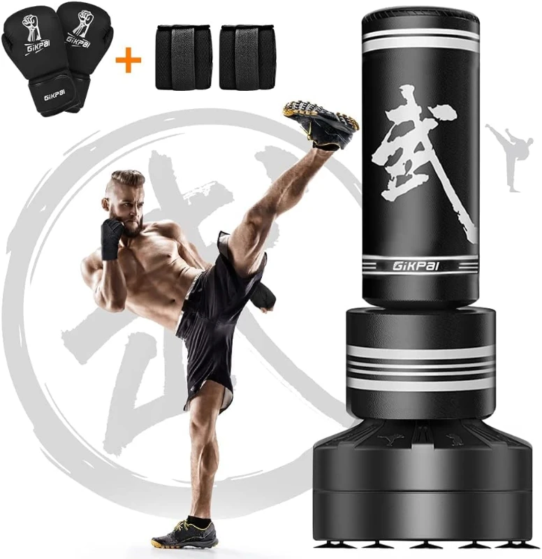 Freestanding Adult Punching Bag with Gloves — 12-Suction-Cup Stable Base, Tear-Resistant PU, No-Spring Quiet Rebound, Sand/Water Fillable