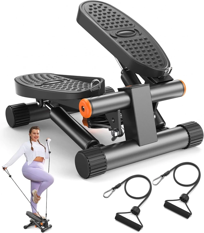 Hydraulic Mini Stair Stepper with Resistance Bands, LCD Monitor, 300 lb Capacity — Quiet Compact Home Stepper