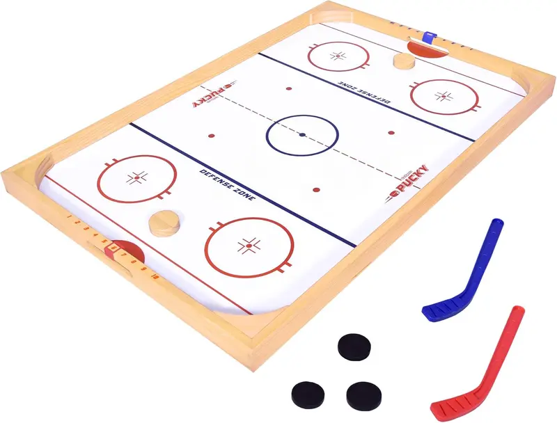 Wooden Tabletop Ice Hockey Game — 2-Player Pucky Set with Game Board, 2 Mini Sticks & 3 Pucks