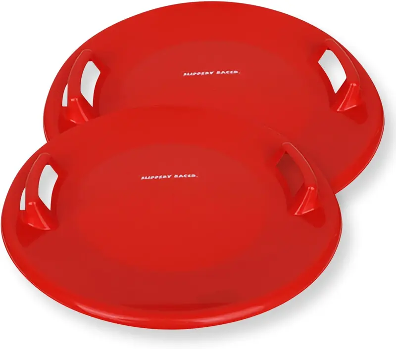 Rugged Cold-Resistant Downhill Pro Saucer Snow Sleds with Handles - Plastic 26-Inch Disc, 2-Pack (Red)