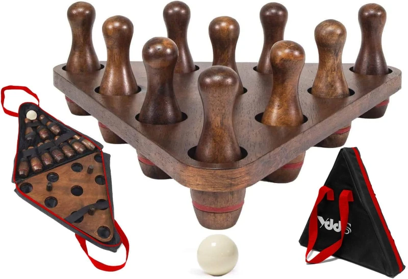 Shuffleboard Bowling Set — 10 Premium Hardwood Pins, Durable Triangular Pinsetter, Resin Ball & Carry Bag for Family Shuffleboard Fun