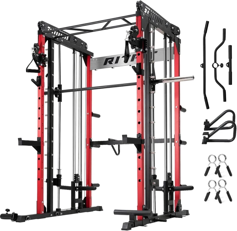M1 Pro Smith Power Cage with Cable Crossover - Dual 360° Cables, Barbell & Handles, LAT Pulldown, 1850 lb Capacity