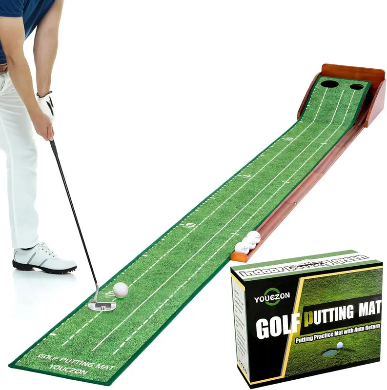 Indoor Putting Green Mat with Auto Ball Return – Crystal Velvet Surface, Two-Hole Practice (2.5in & 3.5in) Training Mat and Gift for Golfers