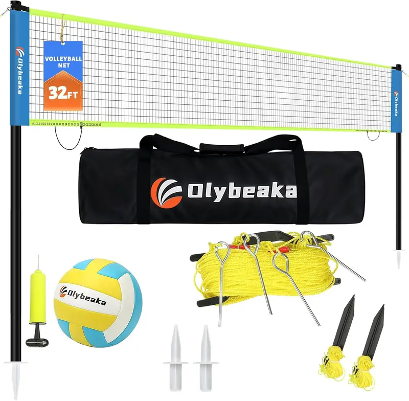 32FT Portable Outdoor Volleyball Net Set with 4 Adjustable Height Poles | Complete Kit with Powder-Coated Iron Poles, Ball, Pump, Boundary Line, Score Clips & Carry Bag