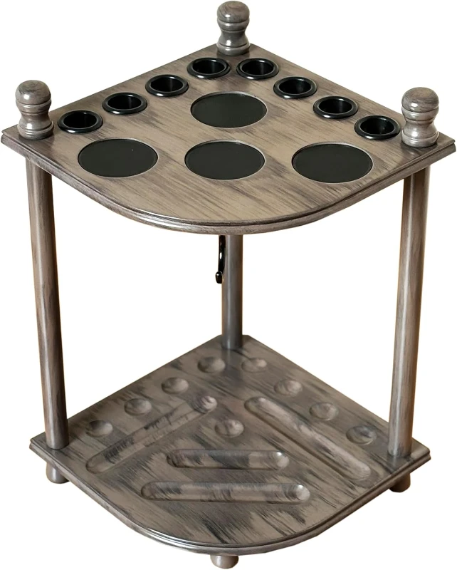 Floor Stand Pool Cue Rack — 100% Solid Hardwood Holder for Up to 8 Cues & Billiard Accessories, Corner Floor Stand (GREY)